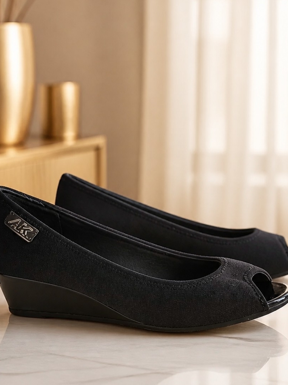 Anne KLEIN Size 6.5 Black Peep-Toe Wedges